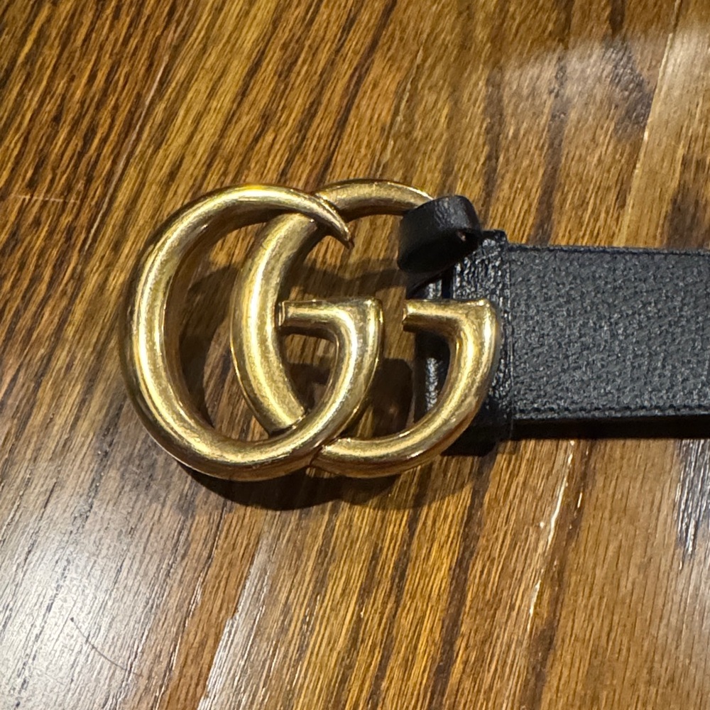 Aunthentic Gucci Black Leather Belt with Double G Gold Buckle size 90